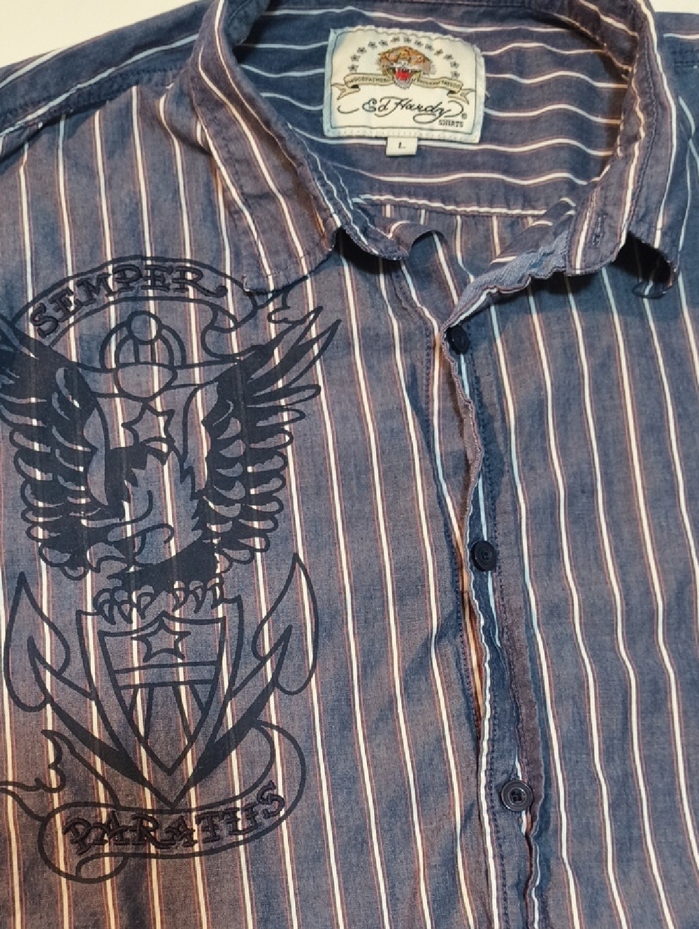 Ed Hardy Blue and White Striped Button-Down Shirt with Graphic Chest Print Sz L